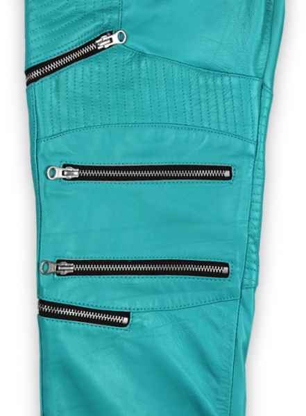 Bright Blue Electric Zipper Mono Leather Pants
