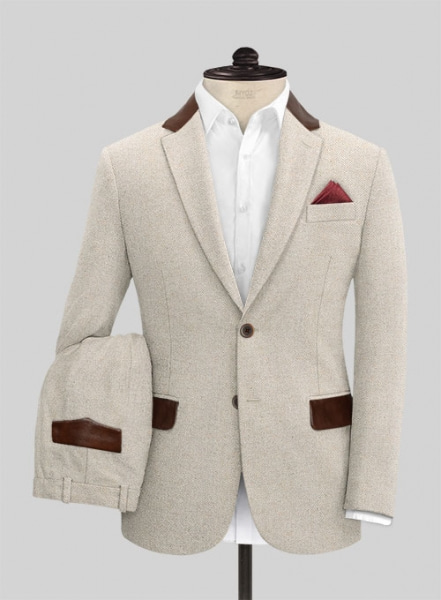 Vintage Herringbone Light Beige Tweed Suit - Leather Trims