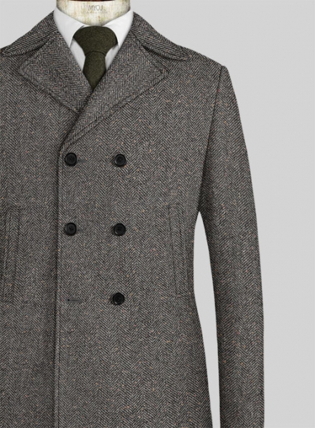 Gray Herringbone Flecks Donegal Tweed Pea Coat