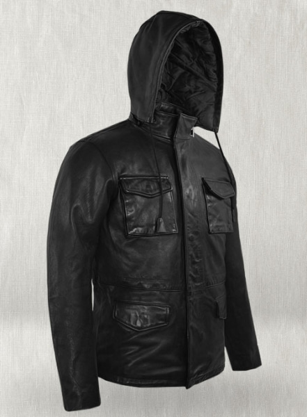 Black Military M-65 Hood Leather Jacket