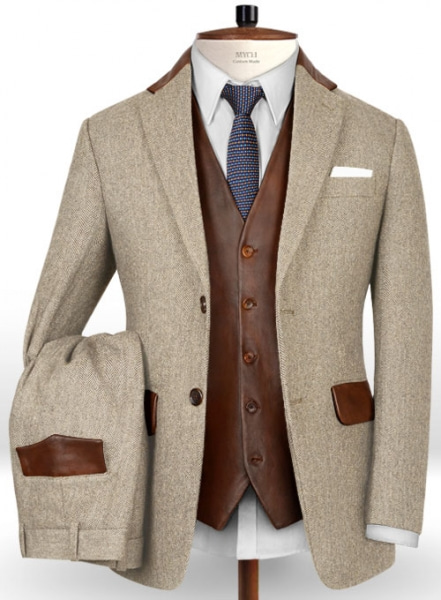 Vintage Herringbone Light Beige Tweed Suit - Leather Trims