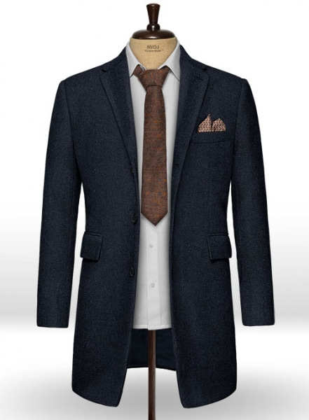 Deep Blue Herringbone Tweed Overcoat