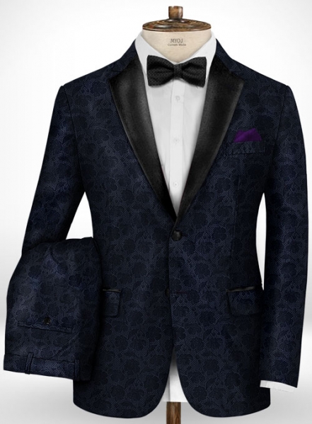 Graffiti Blue Flower Wool Tuxedo Suit