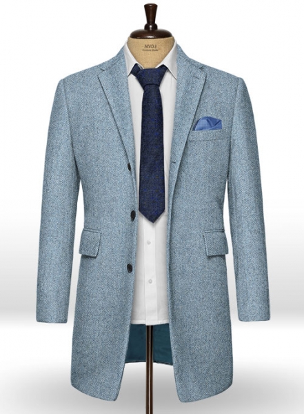 Light Blue Herringbone Tweed Overcoat