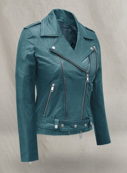 Prussian Blue Washed & Wax Jessica Alba Leather Jacket #2