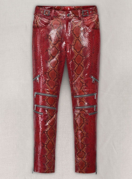 Bold Red Python Electric Zipper Mono Leather Pants