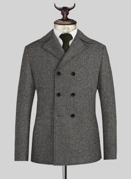 Gray Herringbone Flecks Donegal Tweed Pea Coat