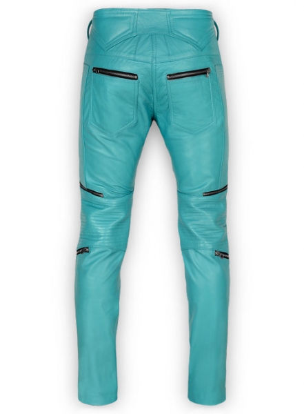 Bright Blue Electric Zipper Mono Leather Pants