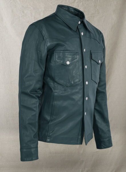 Soft Prussian Blue V Tab Leather Shirt Jacket