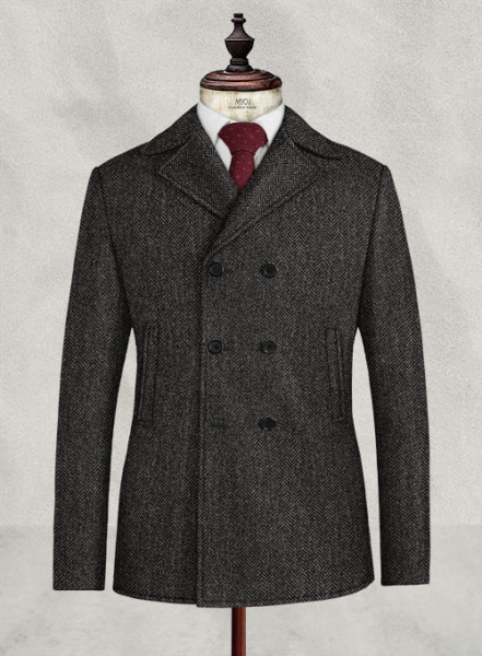 Harris Tweed Dark Gray Herringbone Pea Coat