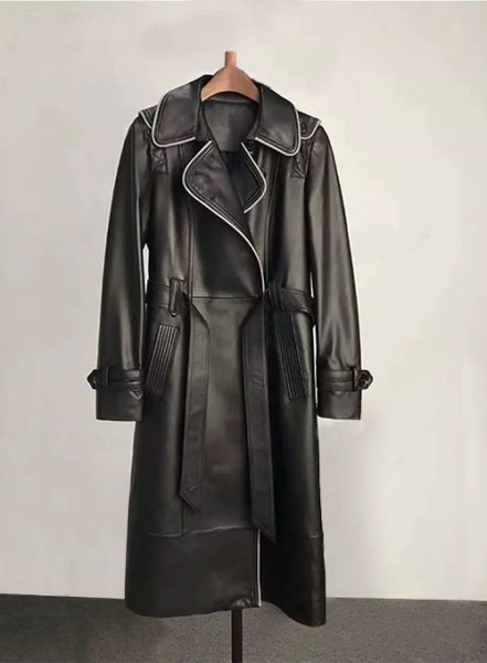 Contrast Edge Leather Long Coat