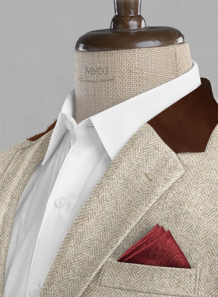 Vintage Herringbone Light Beige Tweed Jacket - Leather Trims