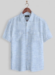 European Mist Blue Linen Western Style Shirt - Half Sleeves