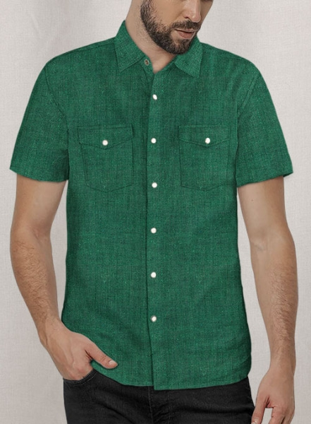 European Green Linen Western Style Shirt - Half Sleeves