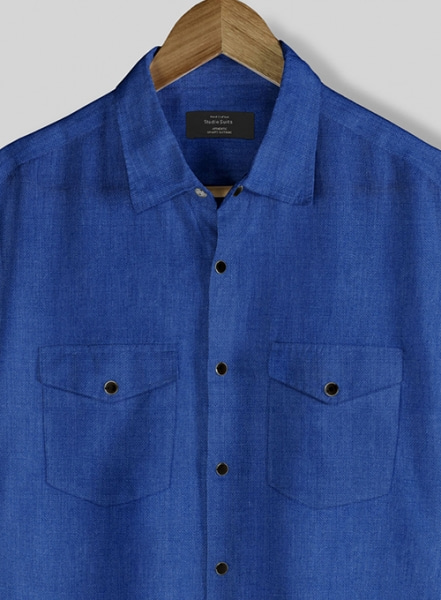 European Sapphire Blue Linen Western Style Shirt - Half Sleeves