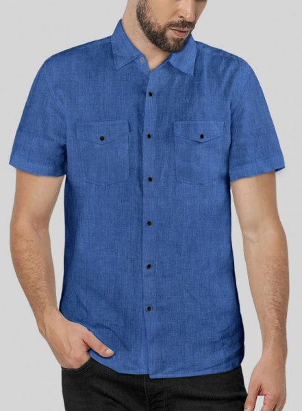 European Sapphire Blue Linen Western Style Shirt - Half Sleeves