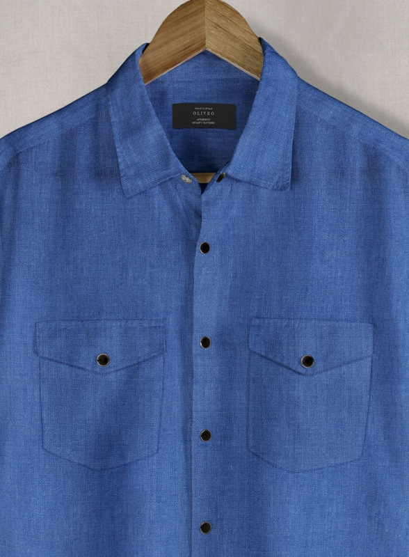 European Sapphire Blue Linen Western Style Shirt - Half Sleeves