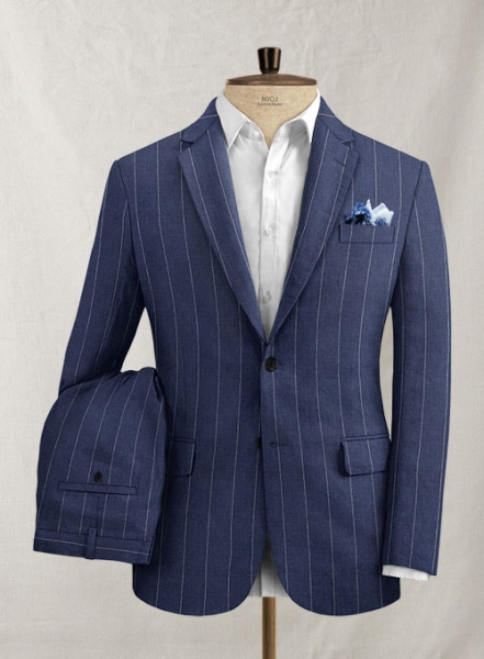 Italian Linen Big Stripe Indigo Blue Suit