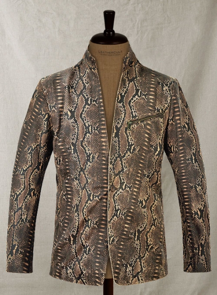 Dark Brown Python Zipper Leather Blazer #3