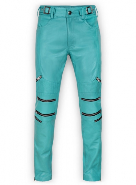 Bright Blue Electric Zipper Mono Leather Pants