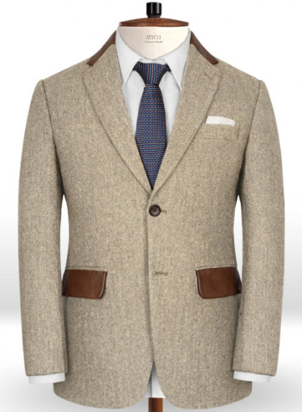 Vintage Herringbone Light Beige Tweed Suit - Leather Trims