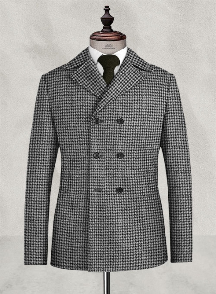 Harris Tweed Houndstooth Light Gray Pea Coat