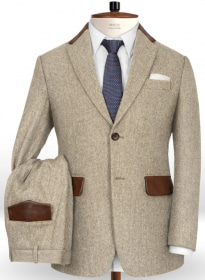 Vintage Herringbone Light Beige Tweed Suit - Leather Trims