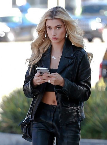 Hailey Bieber Long Street Style Leather Coat