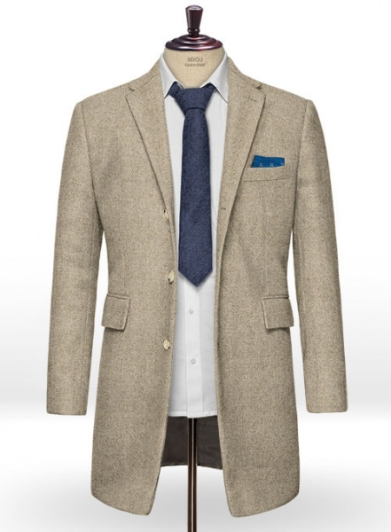 Vintage Herringbone Light Beige Tweed Overcoat