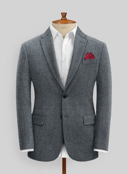 Mid Blue Herringbone Flecks Donegal Tweed Suit