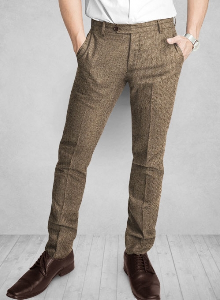 Mens Trousers - Brown Herringbone Tweed