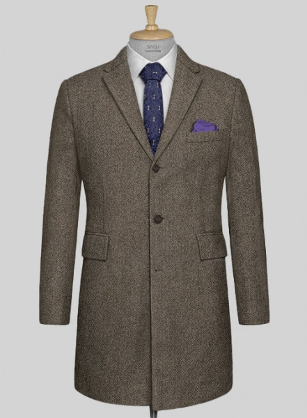 Vintage Dark Brown Herringbone Tweed Overcoat