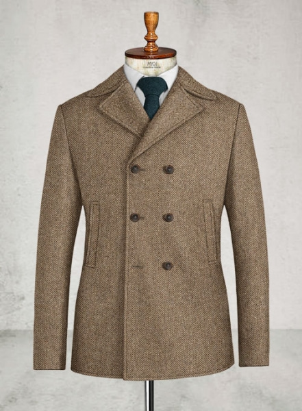 Irish Brown Herringbone Tweed Pea Coat