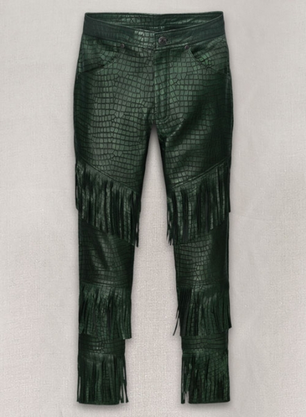 Croc Metallic Green Tiered Fringes Leather Pants