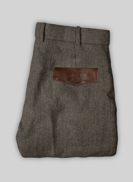 Vintage Dark Brown Herringbone Tweed Pants - Leather Trims