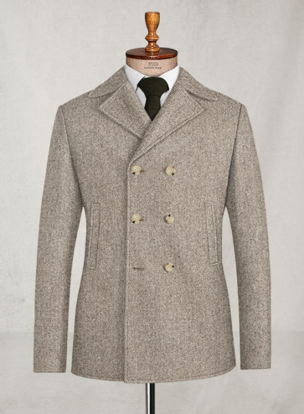 Vintage Herringbone Brown Tweed Pea Coat