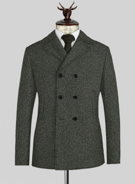 Dark Olive Flecks Donegal Tweed Pea Coat