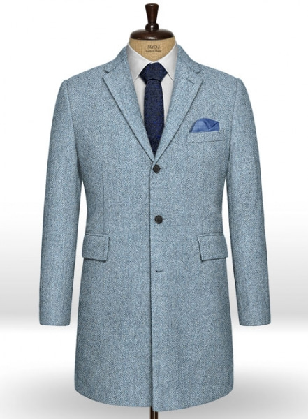 Light Blue Herringbone Tweed Overcoat