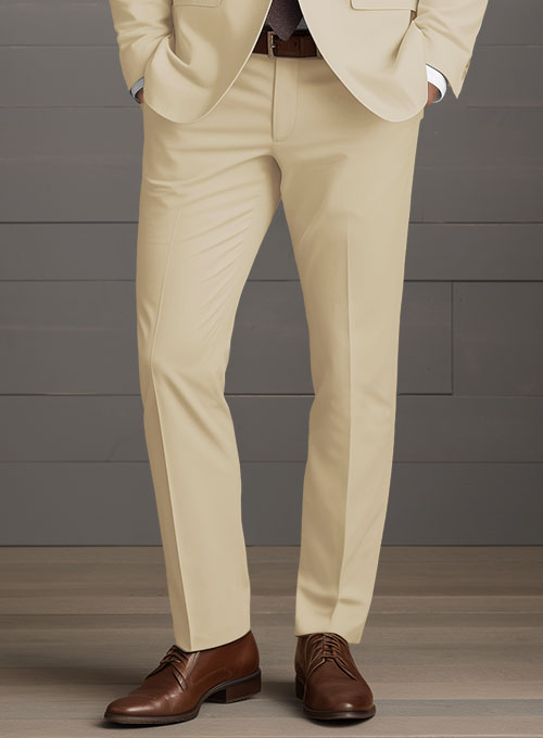 Beige Feather Cotton Canvas Stretch Pants - Click Image to Close