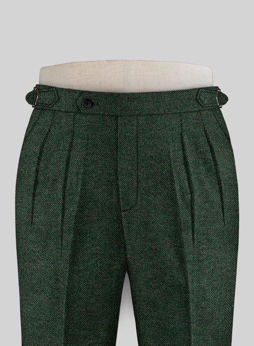 Bottle Green Herringbone Highland Tweed Trousers - Click Image to Close