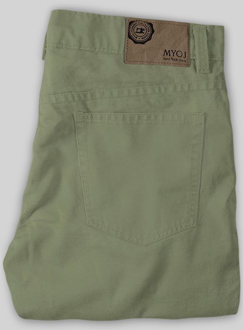 Green Feather Cotton Canvas Stretch Jeans - Click Image to Close