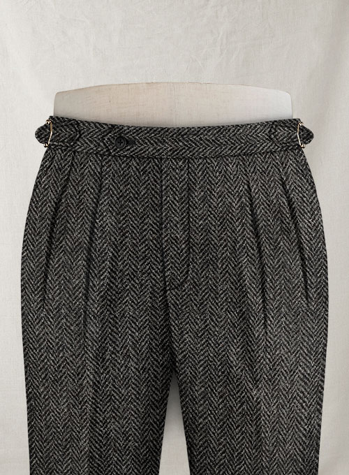 Harris Tweed Dark Gray Herringbone Highland Trousers - Click Image to Close