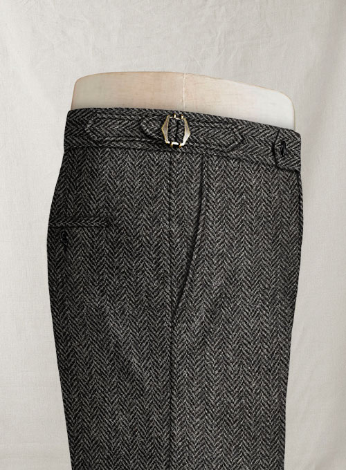 Harris Tweed Dark Gray Herringbone Highland Trousers - Click Image to Close