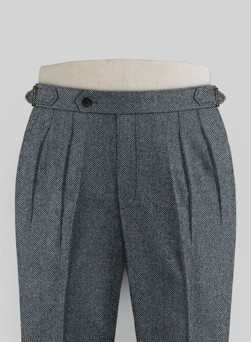 Mid Blue Herringbone Flecks Donegal Tweed Highland Trousers