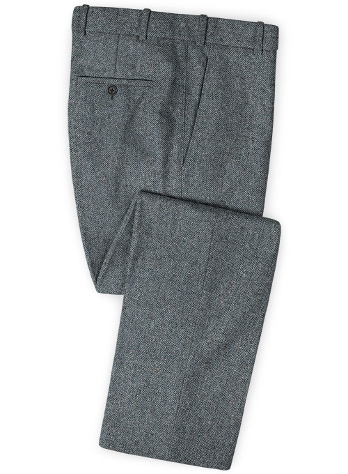 Mid Blue Herringbone Flecks Donegal Tweed Pants