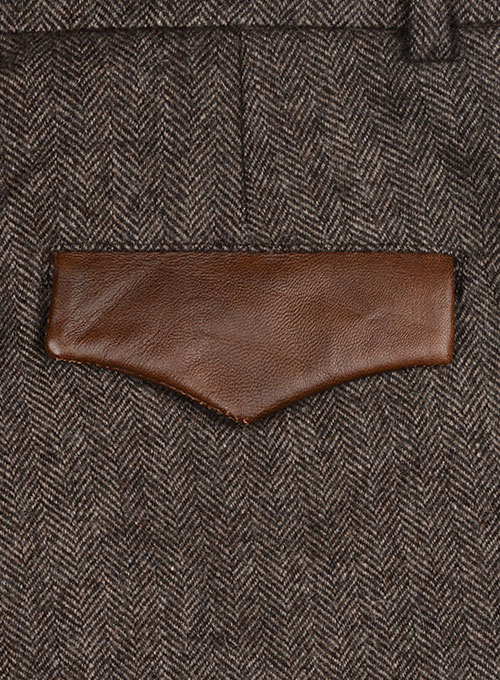 Vintage Dark Brown Herringbone Tweed Pants - Leather Trims - Click Image to Close