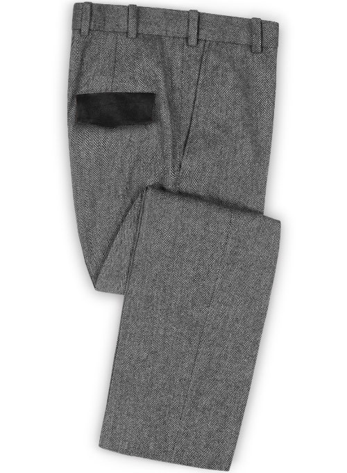 Vintage Herringbone Gray Tweed Pants - Leather Trims
