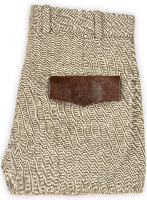 Vintage  Herringbone Light Beige Tweed Pants - Leather Trims