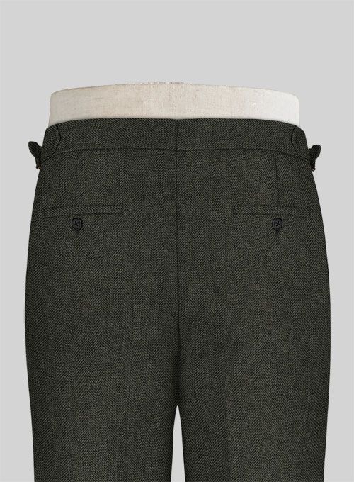 Vintage Flat Green Herringbone Highland Tweed Trousers