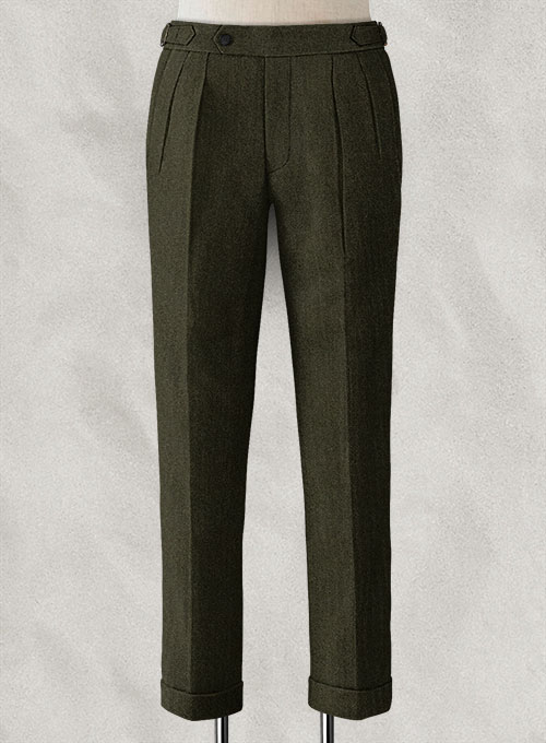 Vintage Flat Green Herringbone Highland Tweed Trousers
